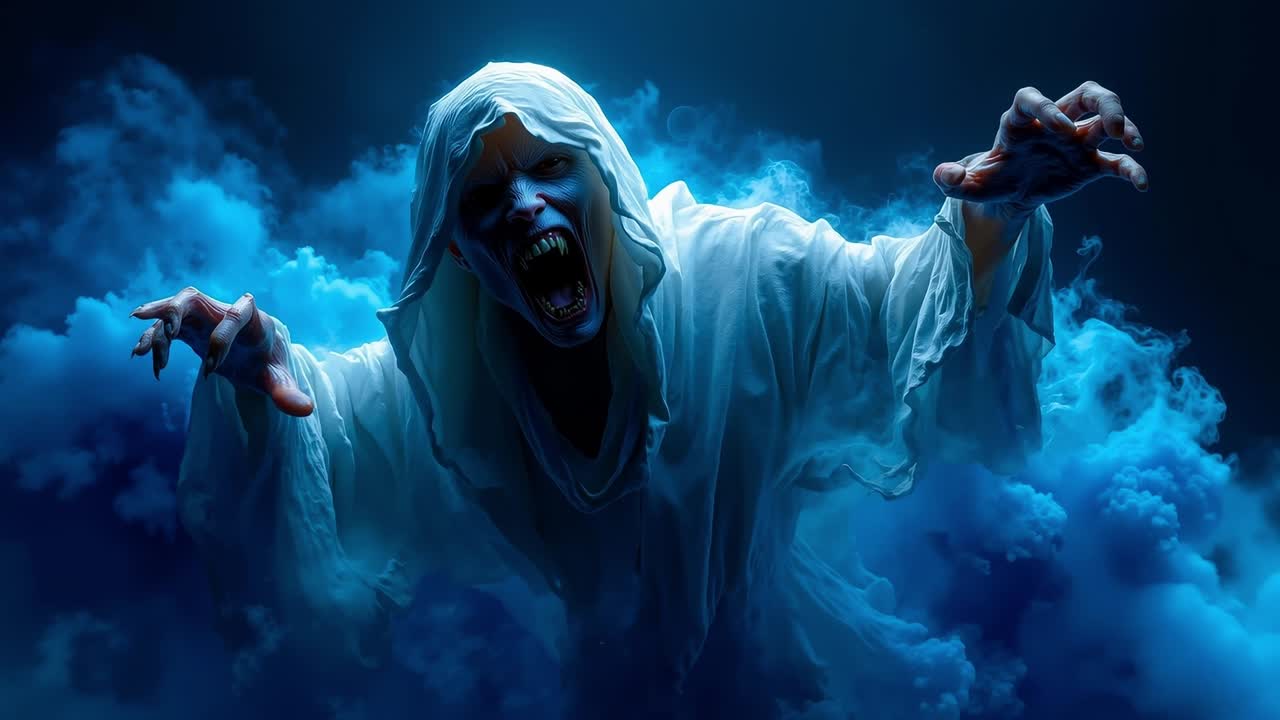 A ghost in a white robe with his arms outstretched in the air