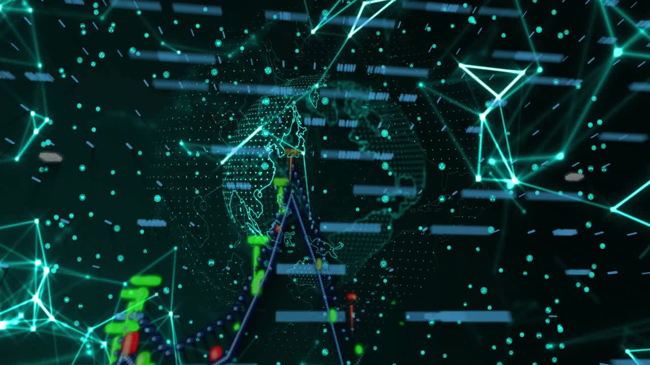 On start globe rotating, teal dots drifting, streaks sliding, charts rising, showing market data