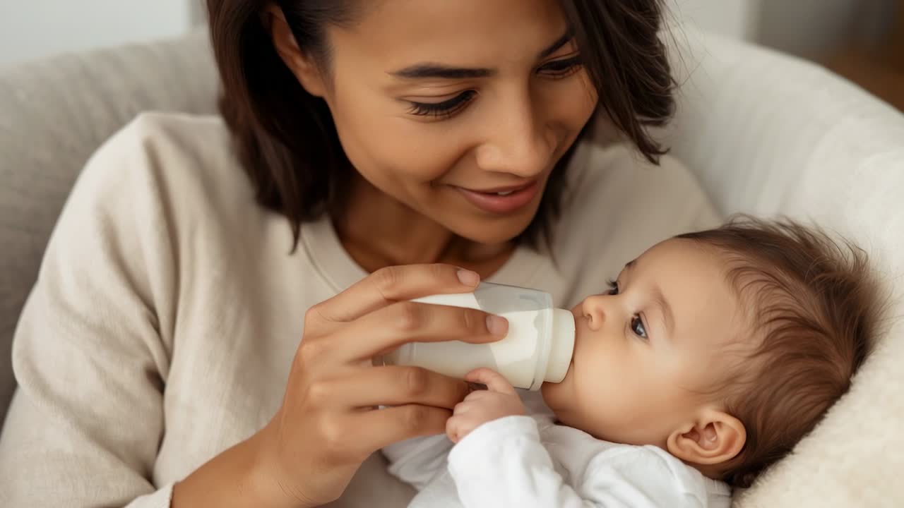 Bringing filled white bottle mother nourishing infant on armchair at home supporting head with hand