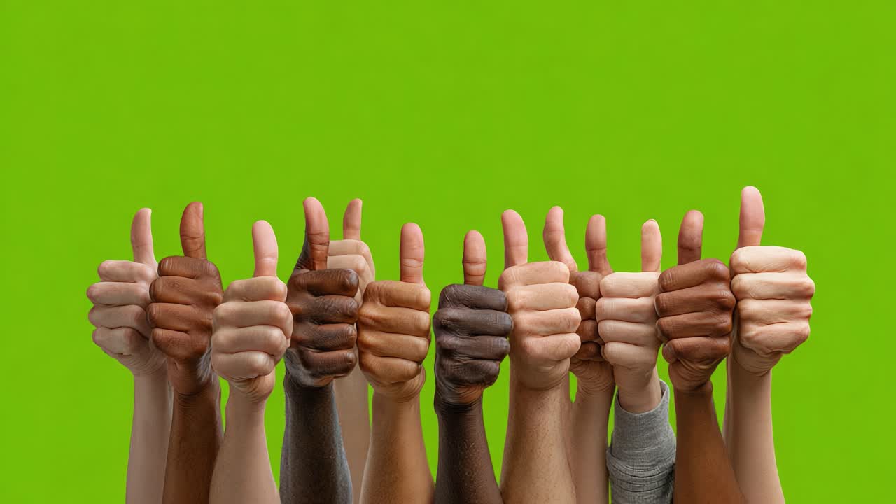 A Vibrant Display of Unity and Approval: Diverse Hands Giving Thumbs Up Against a Bright Green Background