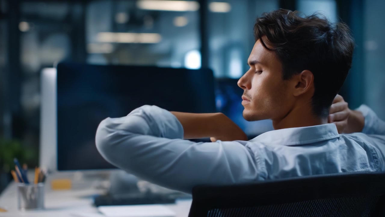 A focused young man sits at his desk, contemplating ideas while staring intently at a computer screen in a modern office environment during nighttime.