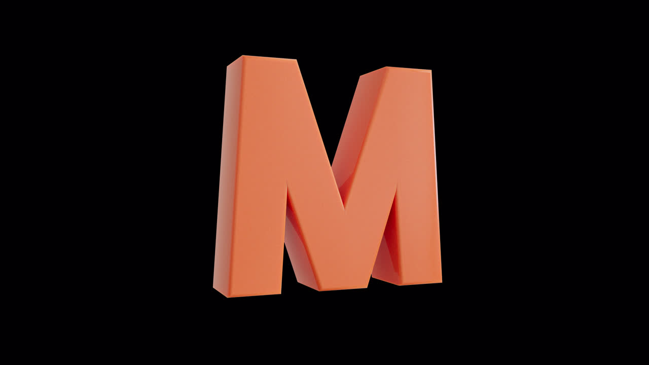 Lettre M orange en 3D tournant sur fond noir