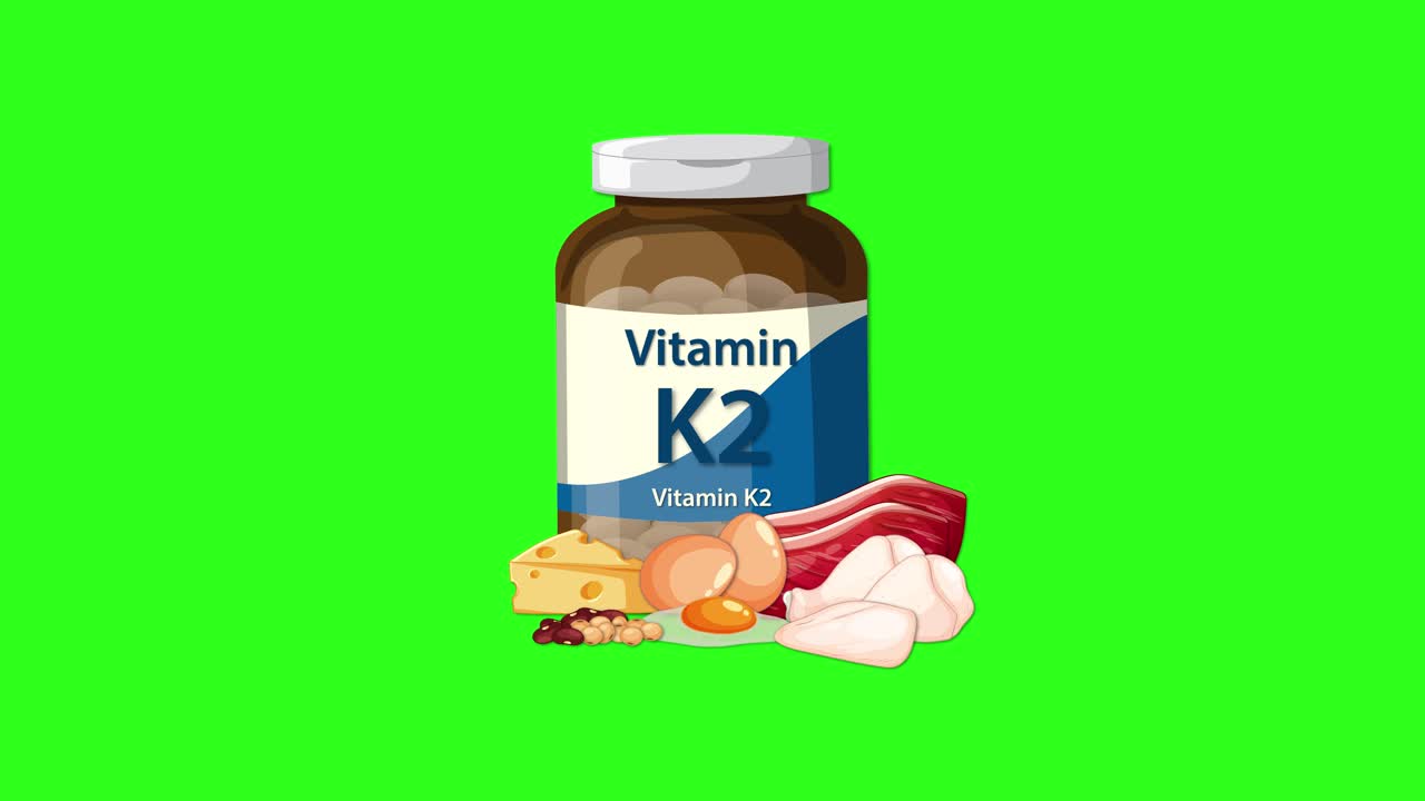 Vitamin K2 bottle appears with cheese, egg, meat, and garlic on vibrant green chroma background