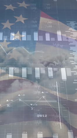 animation of data processing over clouds and flag of america