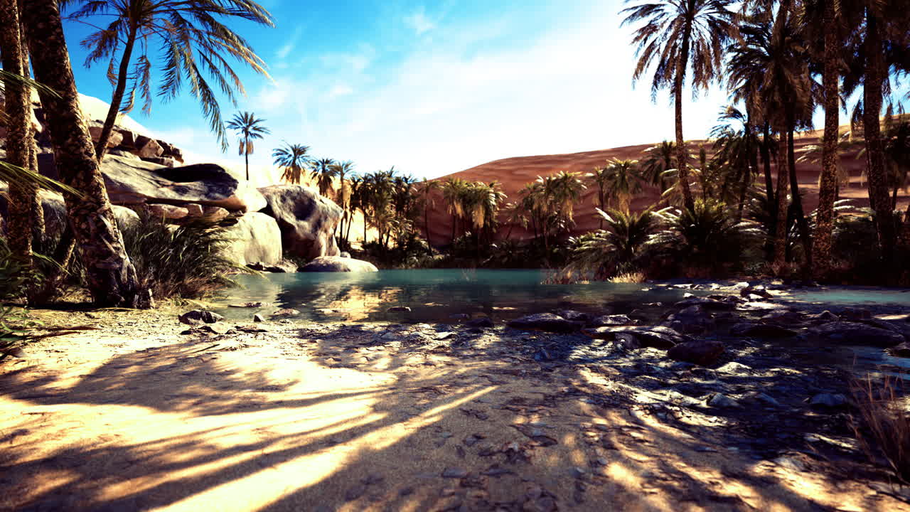 Oasis surrounded by palm trees in a desert landscape under clear blue sky
