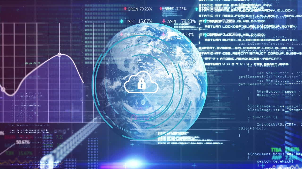 Cloud security icon on digital globe with financial data and coding in background