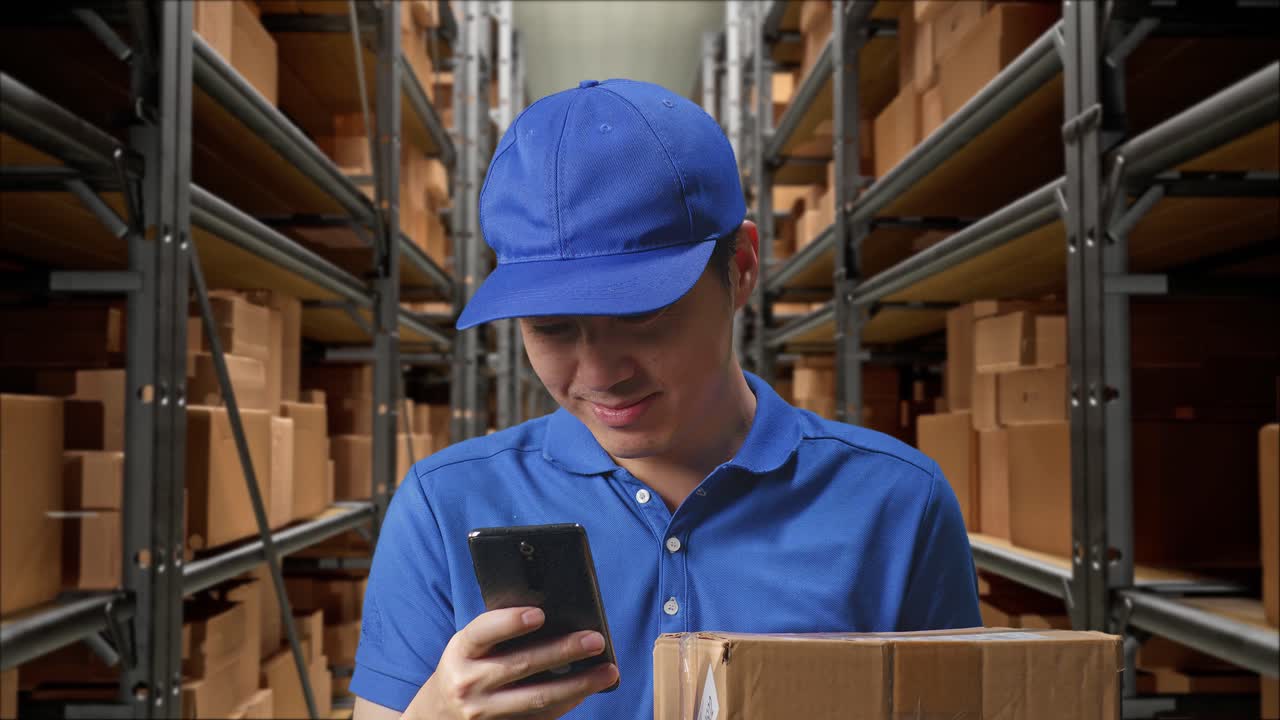 primer plano de un mensajero masculino asiático en uniforme azul usando un teléfono inteligente mientras entrega un cartón en un almacén