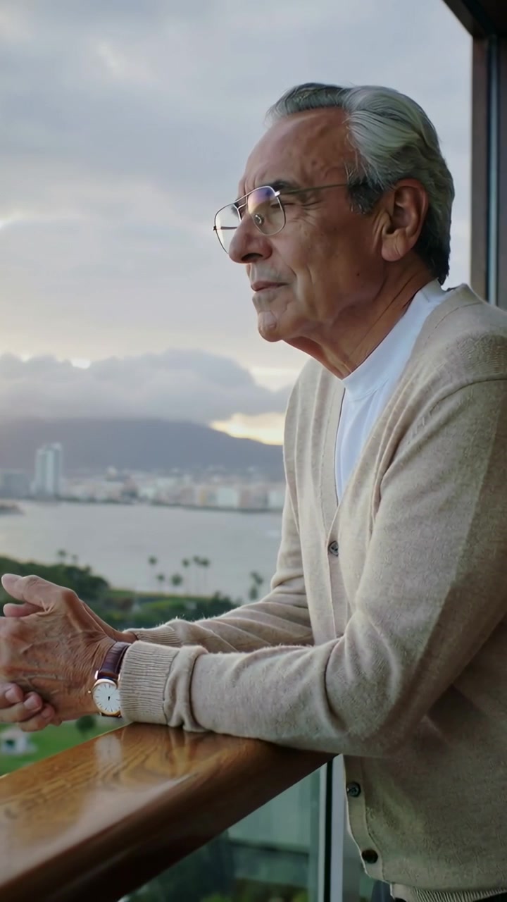 Video vertical: Hombre mayor apoyado observando la luz del atardecer desde la barandilla del balcón con un cárdigan, espacio para texto