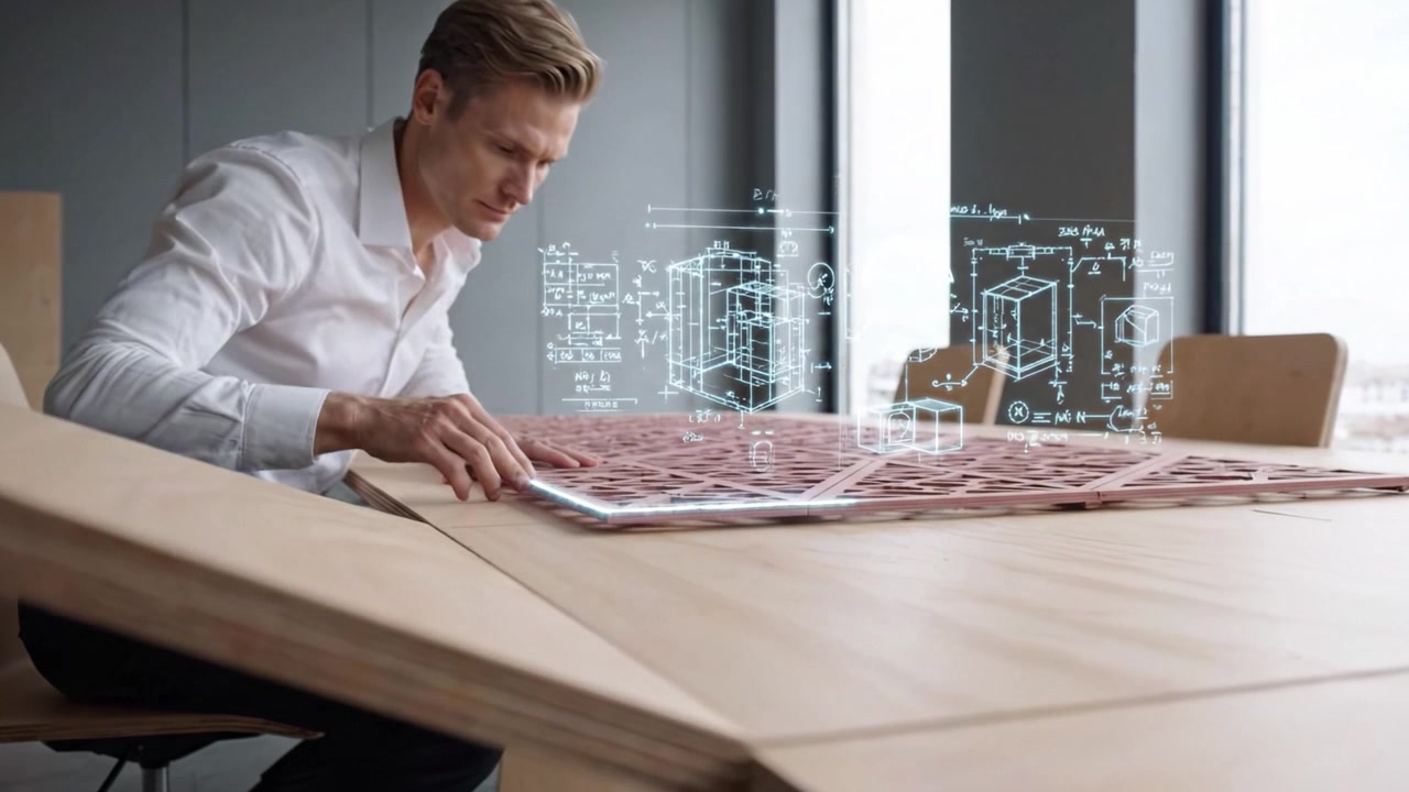Keskittynyt miesinsinööri modernissa työtilassa analysoi arkkitehtonista suunnittelua digitaalisten peittokuvitusten avulla innovatiivisissa projekteissa valoisassa toimistoympäristössä.