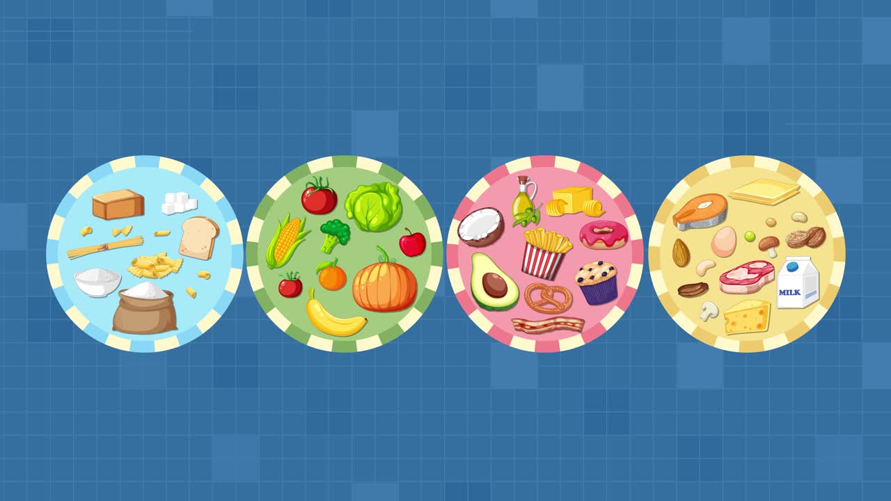 Four illustrated food group icons rotate horizontally, transitioning smoothly on a dark blue geometric background
