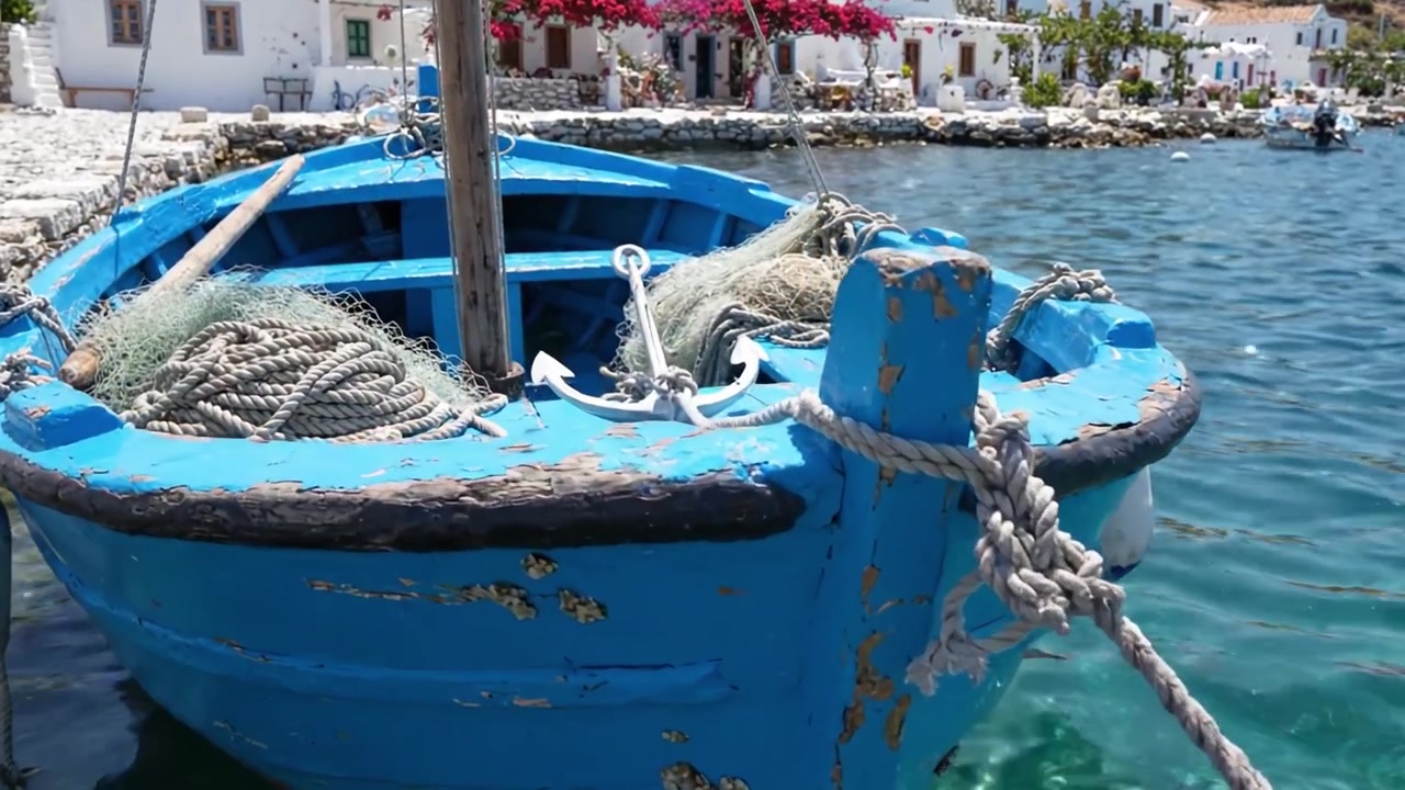 Una vivace barca da pesca blu ormeggiata vicino a idilliache case sul lungomare, circondata da bouganville in fiore sotto cieli azzurri e limpidi.
