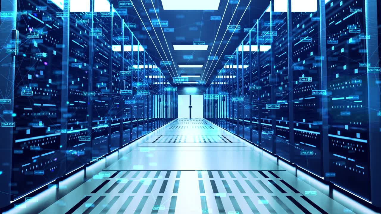 Camera moving through rack servers in data center big data storage modern internet network cloud