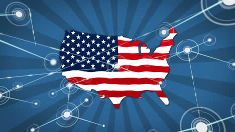 animation of network of connections with spots over flag of usa on country