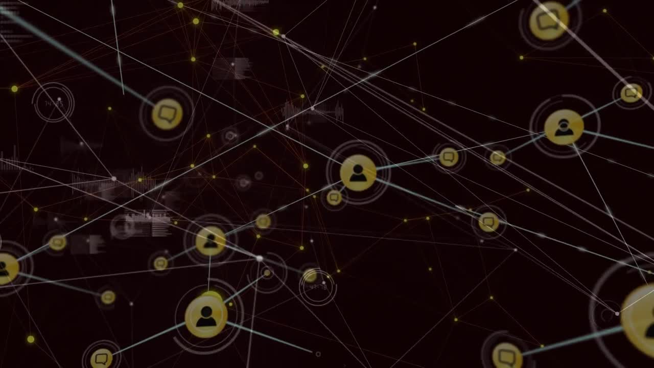 Animation of network of connections with icons and data processing on black background