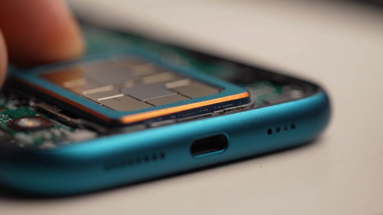 Exploring the Inner Workings: A Close-Up of a Smartphone During Disassembly Showcasing Circuitry and Components in Detail