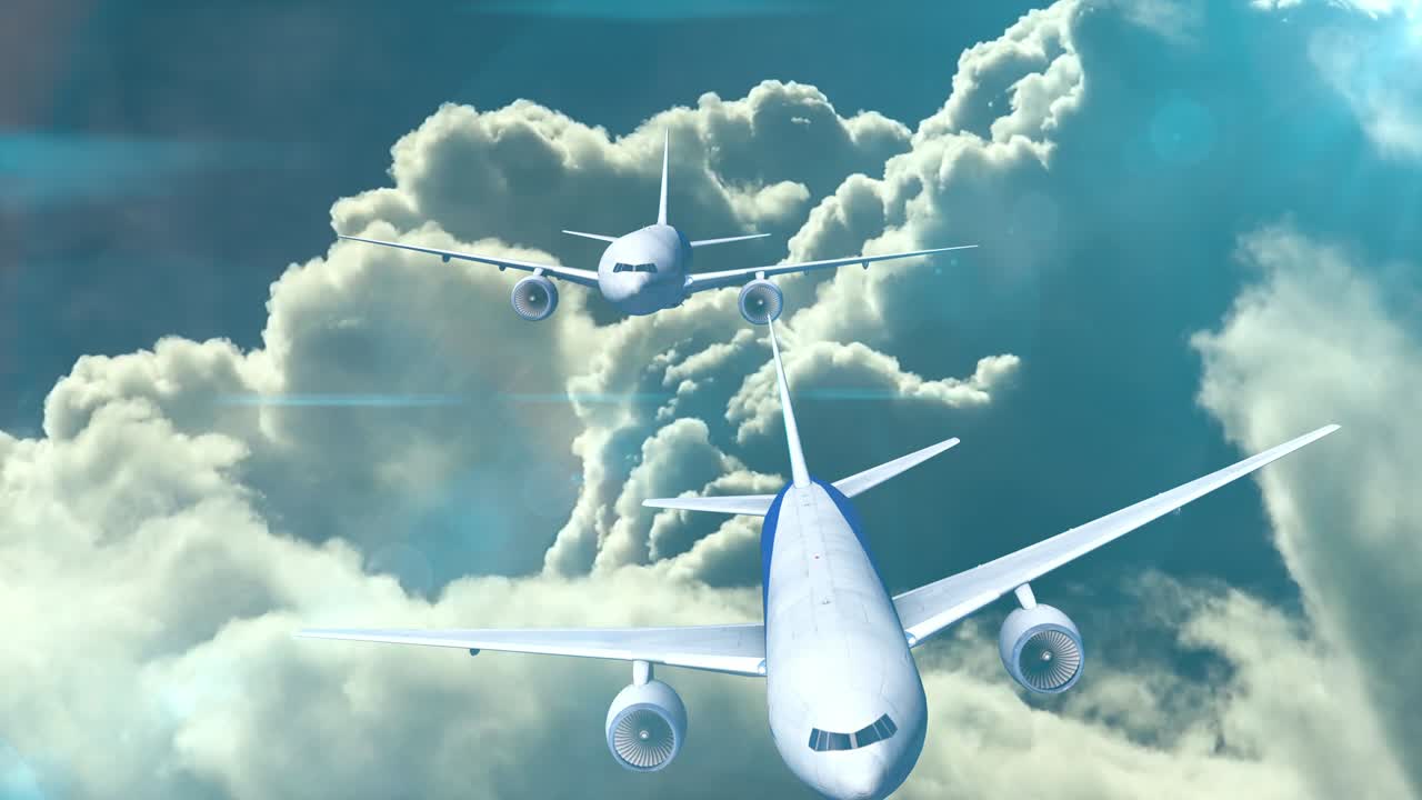 구름 하늘 애니메이션에서 비행하는 비행기 여행