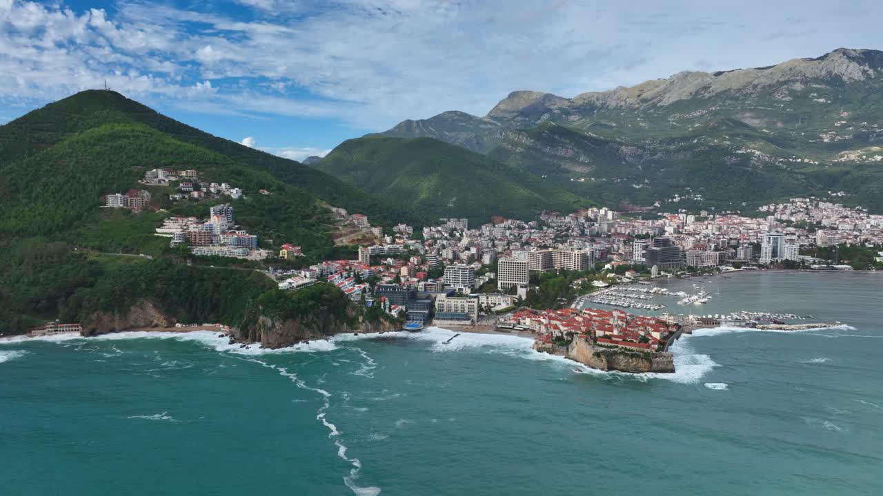 Budva, montenegro, showcasing the coastal city, mountains, and beaches, aerial view