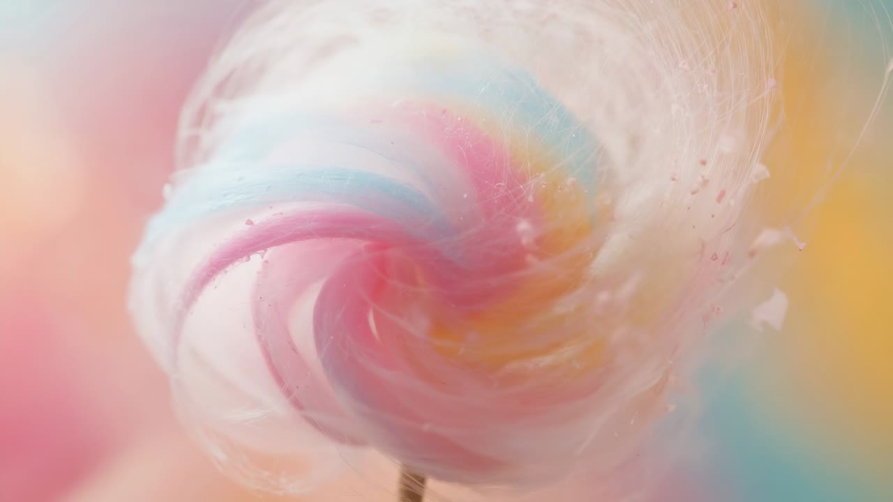 Start-frame, der viser candyfloss, som roterer med uret på en pind i et studie, og afslører sukkerkrystaller
