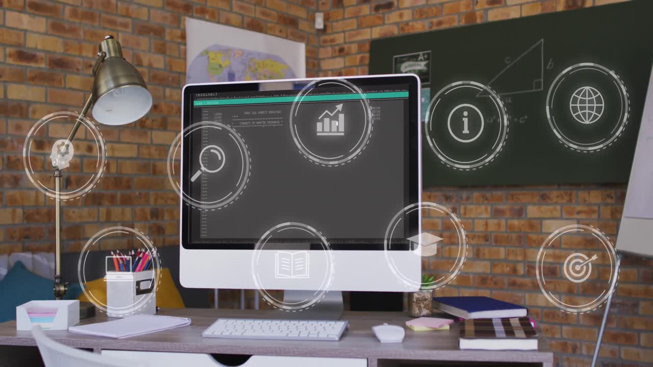 animación de múltiples iconos digitales contra la computadora en el escritorio.