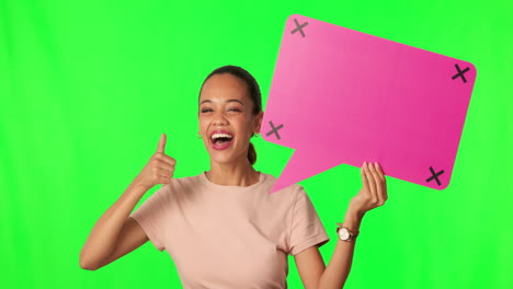 speech bubble, like and woman on green screen