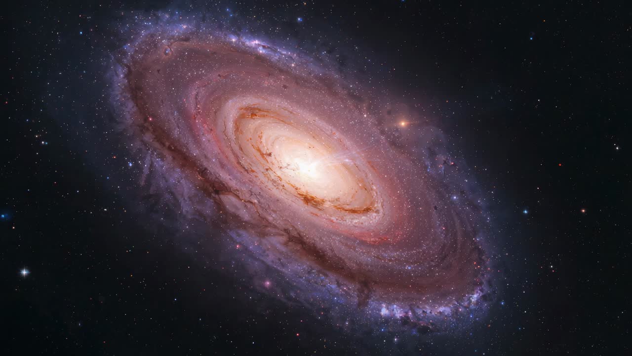 Panning view showing spiral galaxy rotating and tilting in deep space, revealing dusty lanes