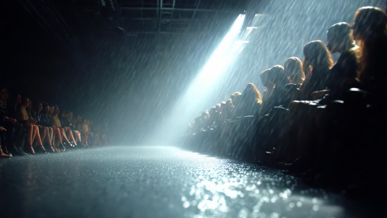 A Captivating Visual Experience of a Fashion Show Amidst Rain: Highlights of a Unique Runway with Spectators in a Dramatic Setting, Surrounded by Water and Captured in Striking Detail