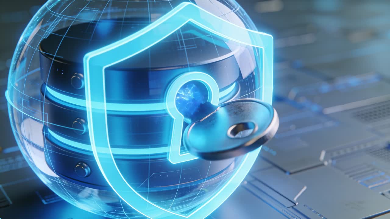 Metal key moving toward shield on circuit board, aligning and unlocking security data globe
