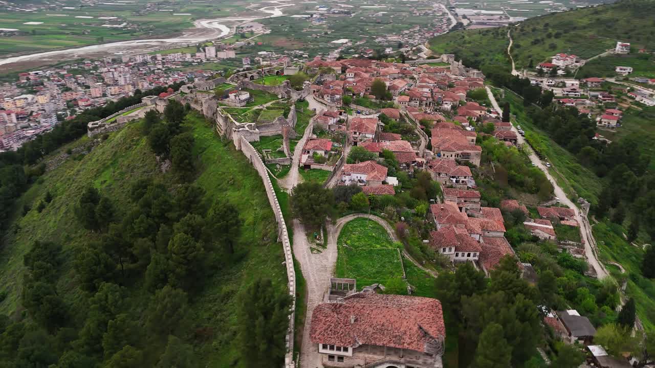Aerial view of Berat Castle and lush greenery, Berat, Albania