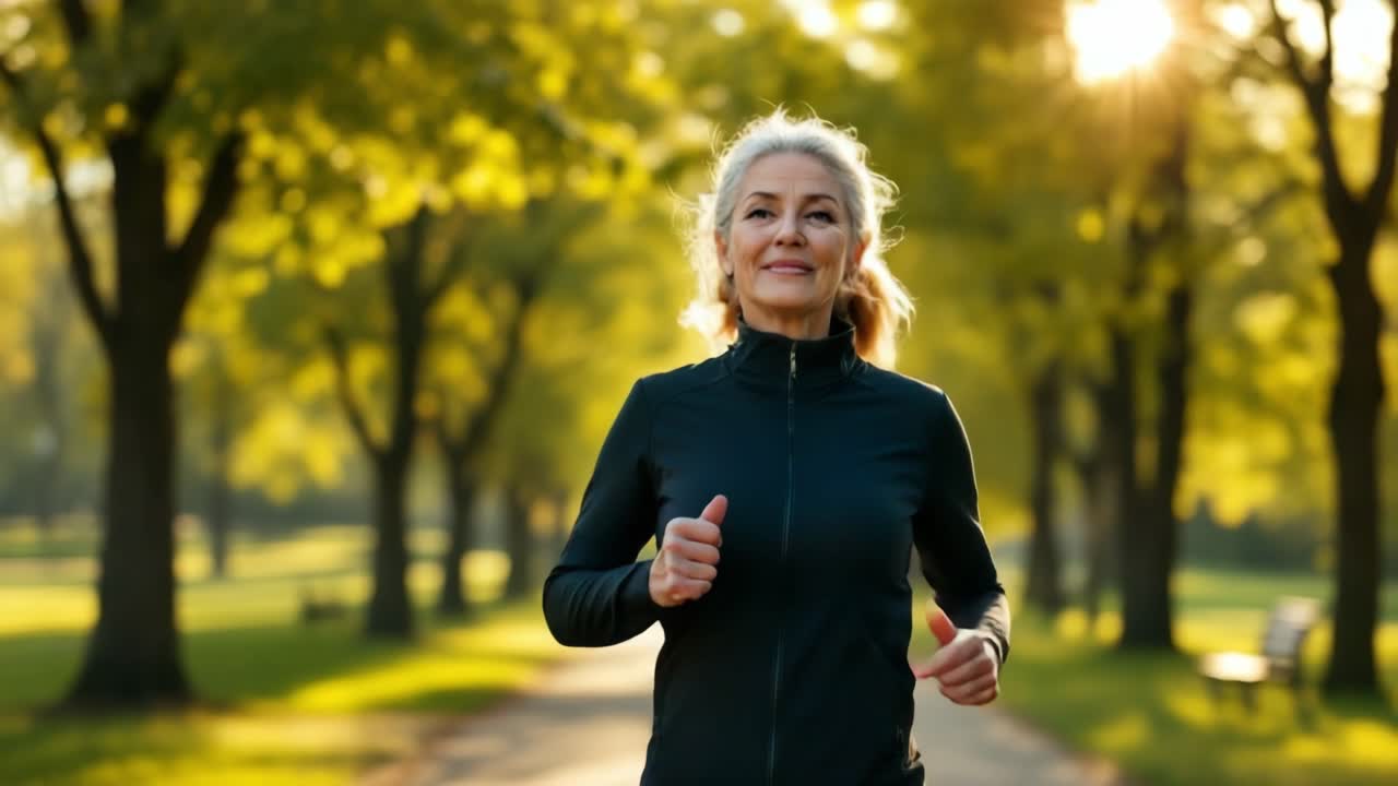 Una donna anziana vestita con una giacca sportiva nera sta facendo jogging lungo un sentiero in un parco illuminato dal sole, circondata da alberi rigogliosi e vegetazione, promuovendo uno stile di vita attivo e il benessere
