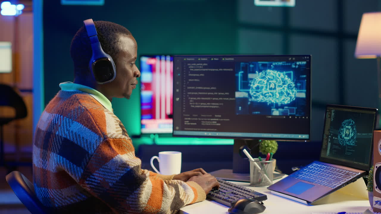 African American Programmer Coding with AI on Multiple Screens