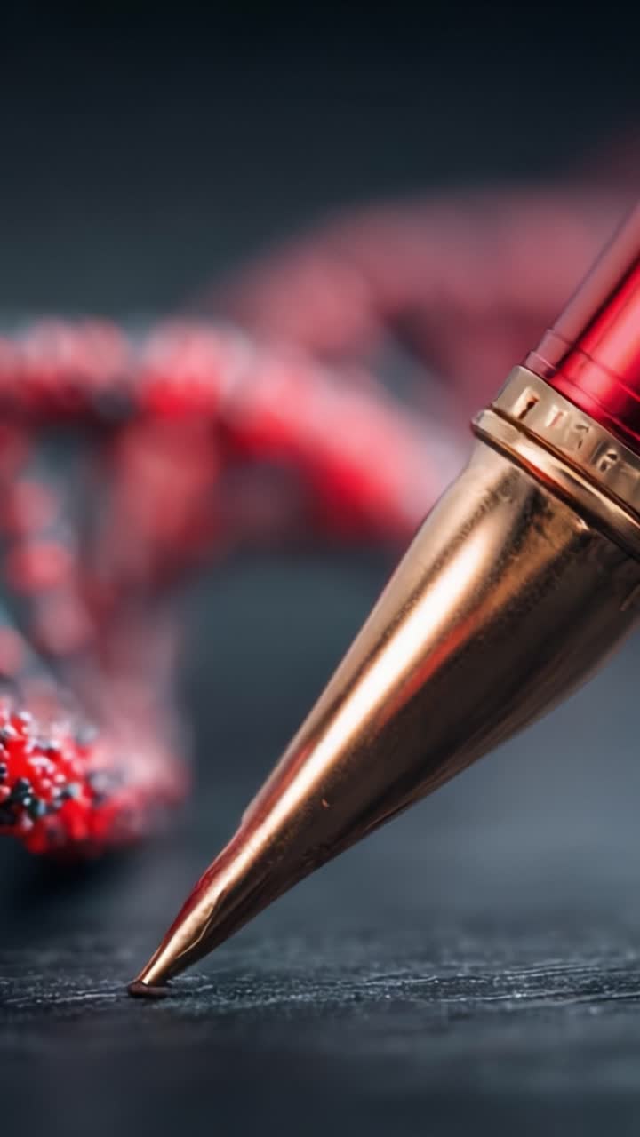 Primo piano su una punta di penna lucida che luccica su una superficie ruvida, catturando i dettagli intricati dello sfondo rosso e nero
