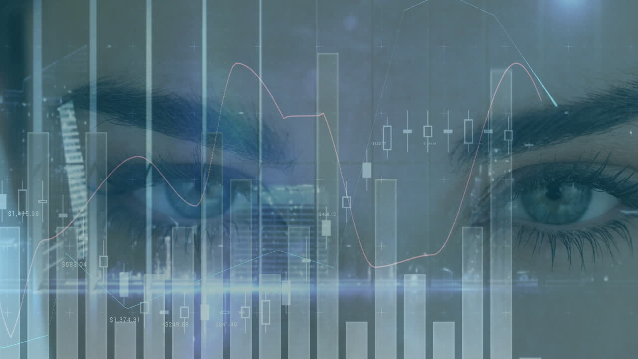 animación del procesamiento de datos financieros con estadísticas sobre el rostro de la mujer