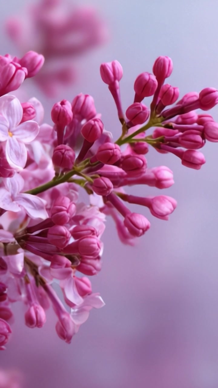 Close-Up Menakjubkan Bunga Lilac Merah Muda Cerah dengan Kuncup Siap Mekar di Latar Belakang Pastel Lembut, Menampilkan Keindahan Flora Musim Semi