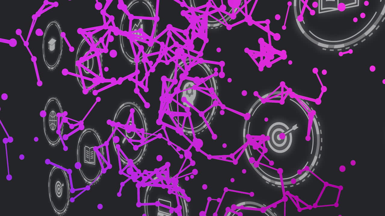 Abstract network flowing across dark animated interface, showing white tech icons and purple nodes