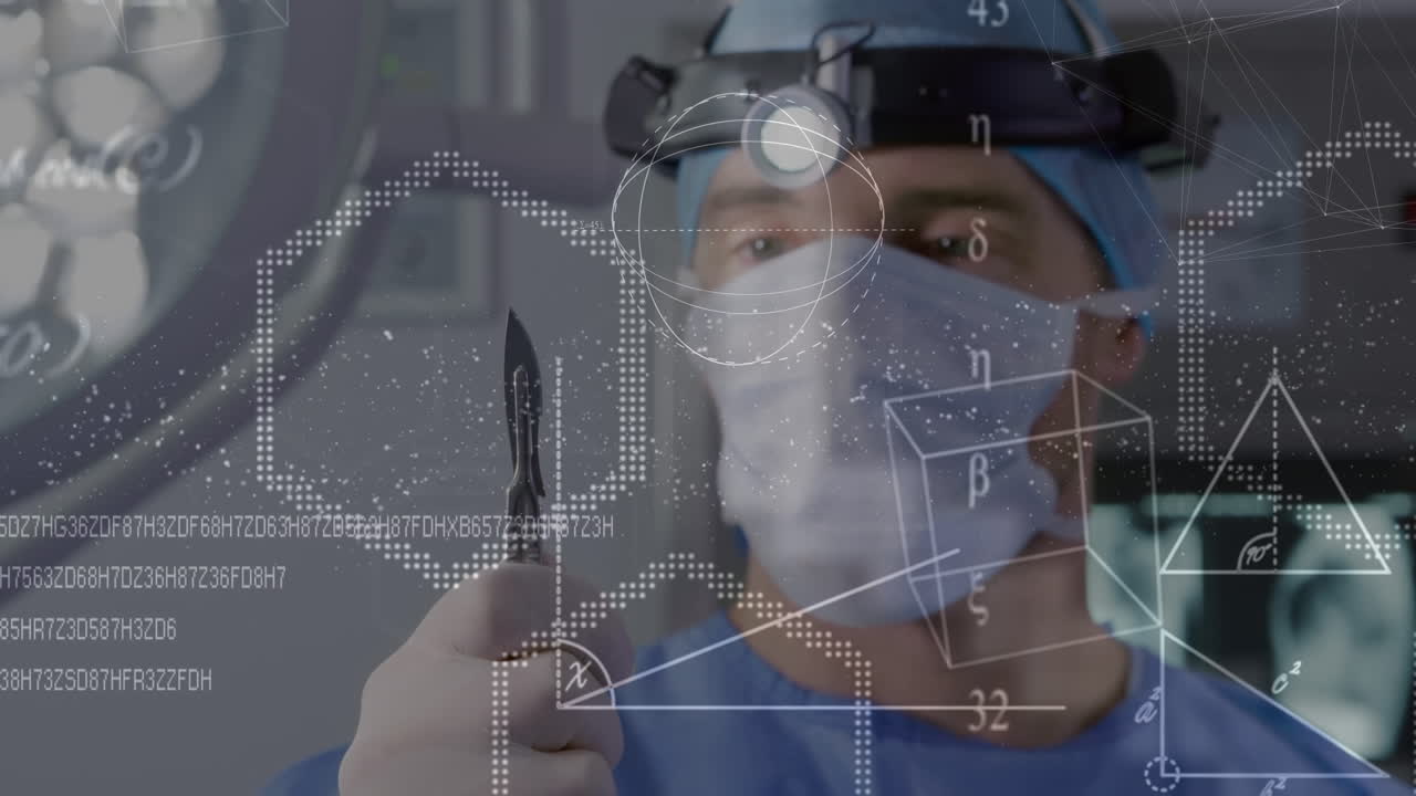 블록, 공식 및 육각형의 애니메이션 백인 남성 외과의사