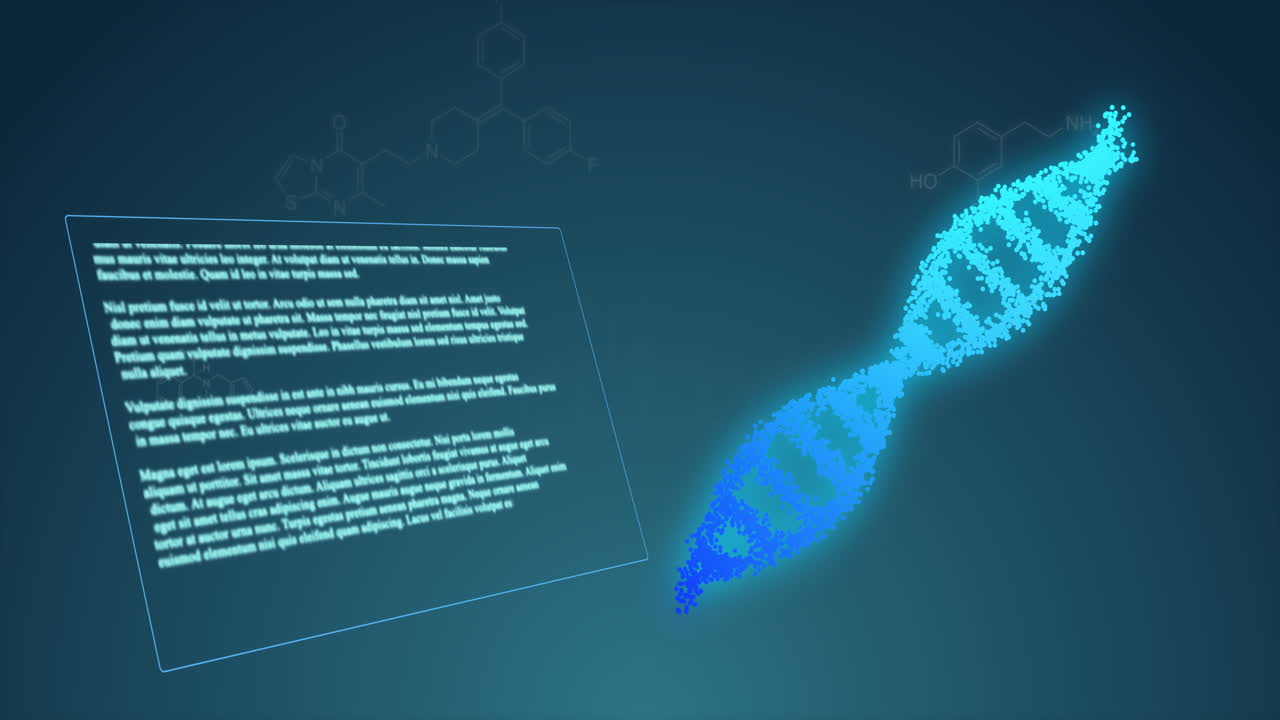 animación del procesamiento de datos con cadena de adn y fórmula química en fondo azul