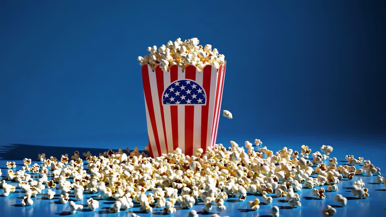 Popcorn exploding from a red and white striped box with the USA flag on it, against a vibrant blue background, creating a dynamic and celebratory scene