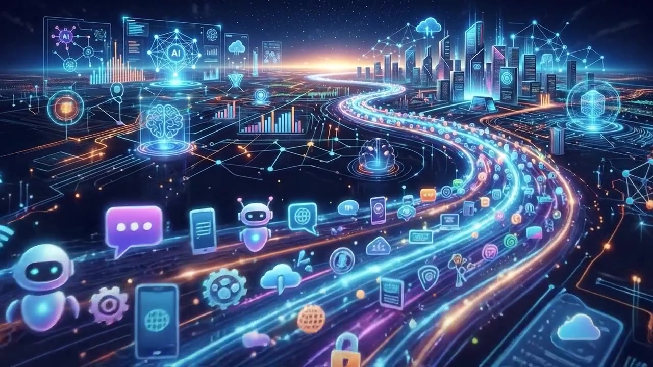 Paesaggio urbano digitale futuristico con flusso di dati e integrazione dell'intelligenza artificiale