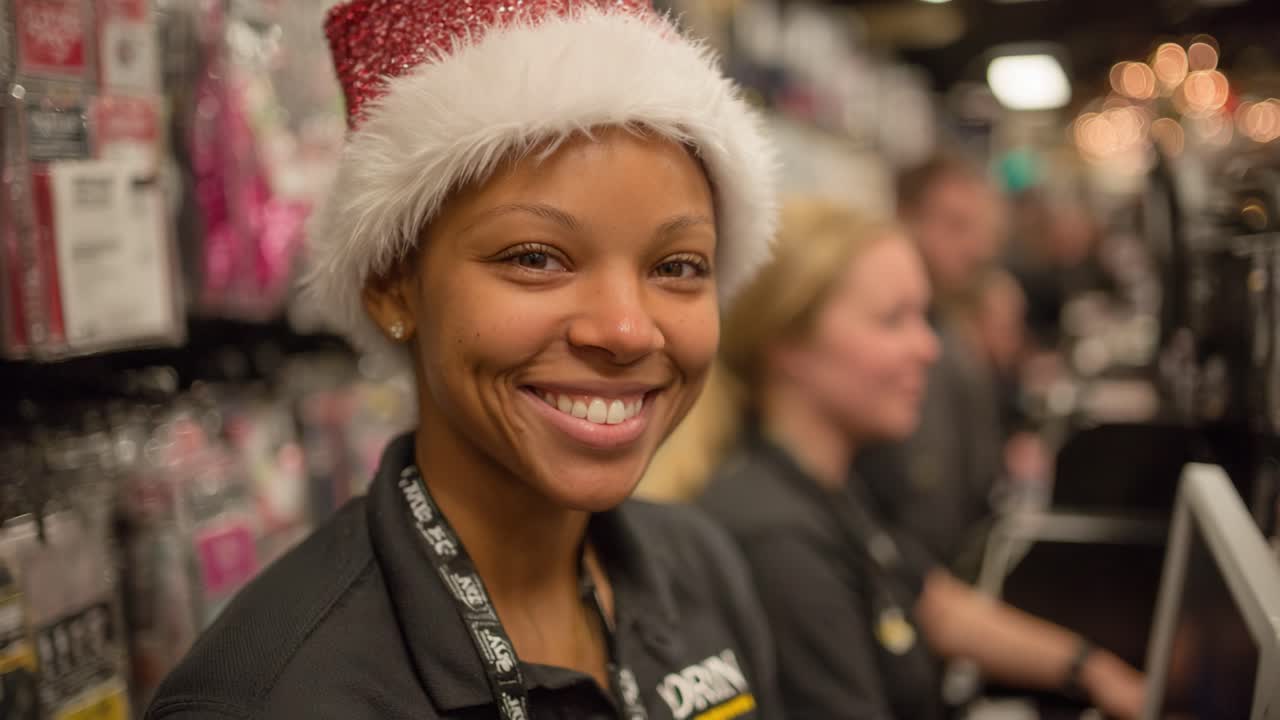 A Smiling Employee in a Festive Santa Hat Engages with Customers in a Busy Store, Adding a Touch of Holiday Cheer to the Shopping Experience