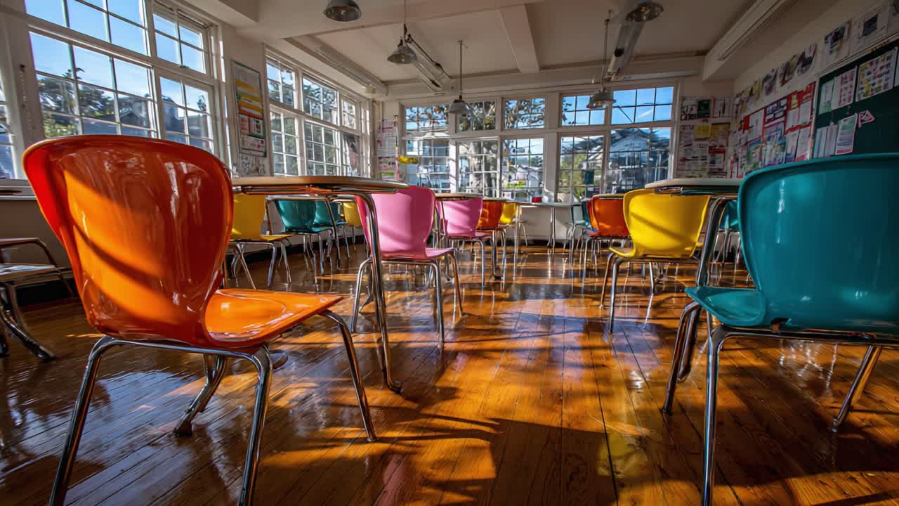Vivace scena in aula con sedie colorate e pavimento in legno illuminato dal sole, catturata in due diverse inquadrature che illustrano un ambiente di apprendimento accogliente