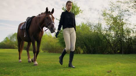woman walking with horse in a field