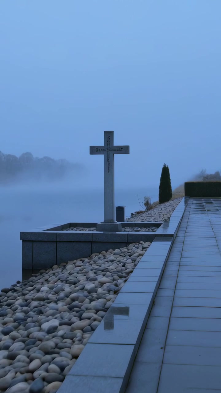 Video verticale: Telecamera scorrevole che zooma verso una croce di pietra sulla riva del fiume, mostrando un memoriale nella nebbia.