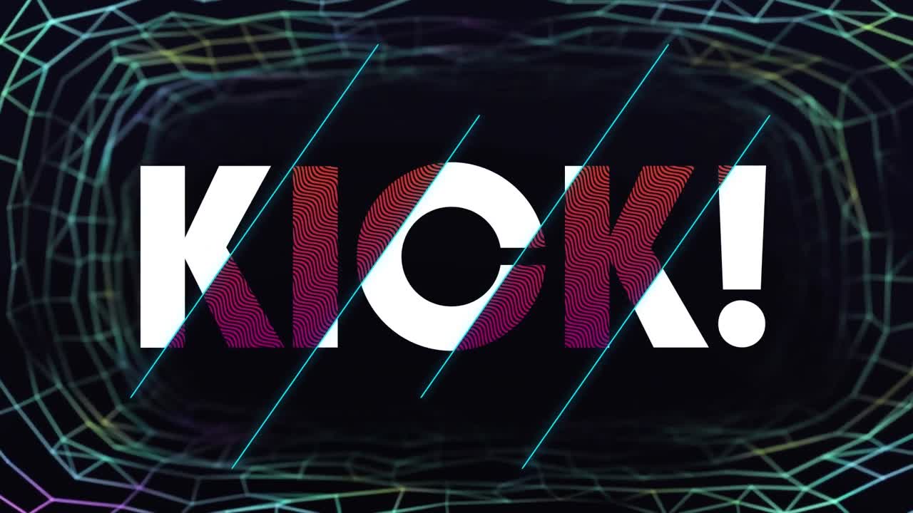 Animation of kick text in white and pink letters over network on black background