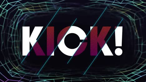 animation of kick text in white and pink letters over network on black background