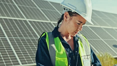 Woman-at-solar-panel-farm-with-tablet-for-clean