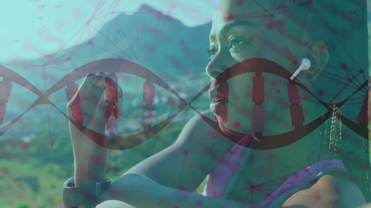Fitness athlete wearing earbuds breathing at overlook tapping smartwatch summoning health metrics