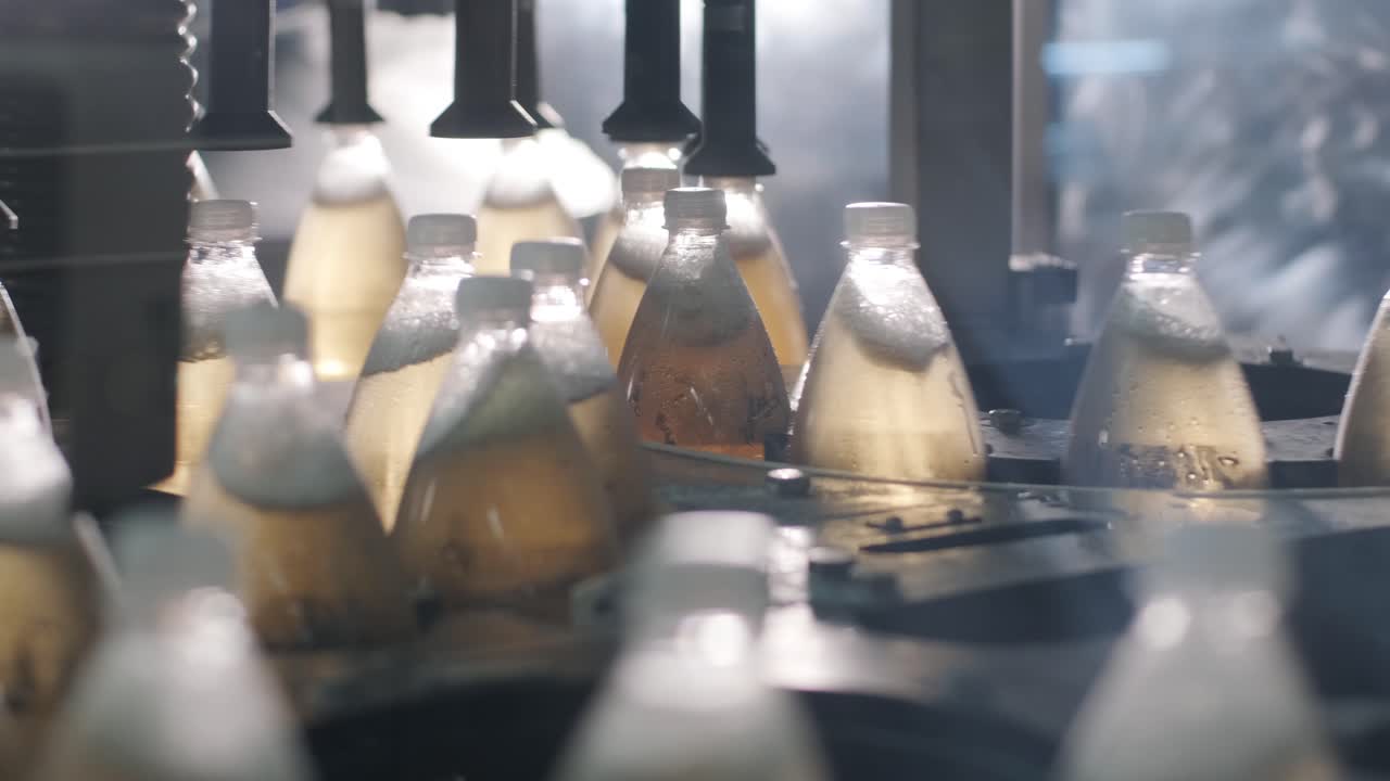 cinta transportadora con botellas para jugo o agua en una planta moderna de bebidas. producción moderna de agua dulce soda