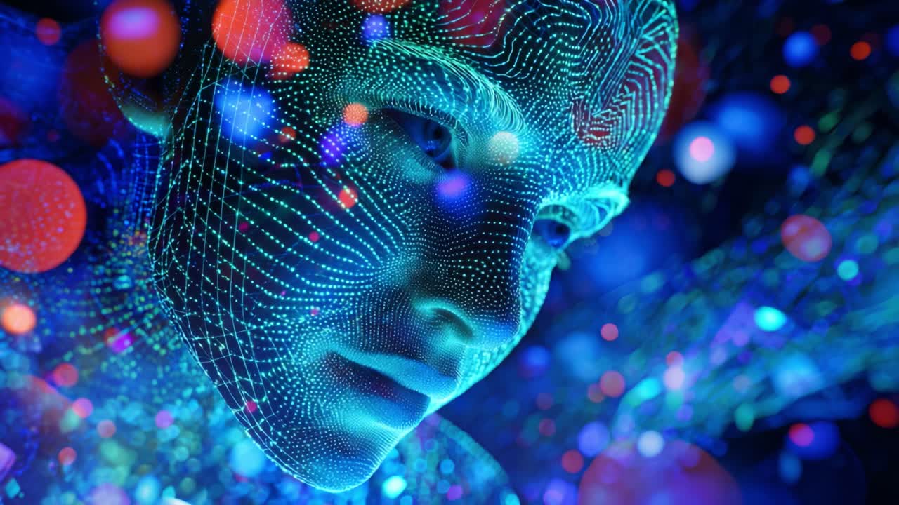 A captivating visual representation of a digital face, merging human features with vibrant colors and intricate patterns, illustrating the intersection of technology and identity in a stunning digital art piece