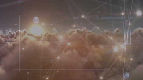 animación de la red de conexiones con iconos digitales sobre nubes y fondo