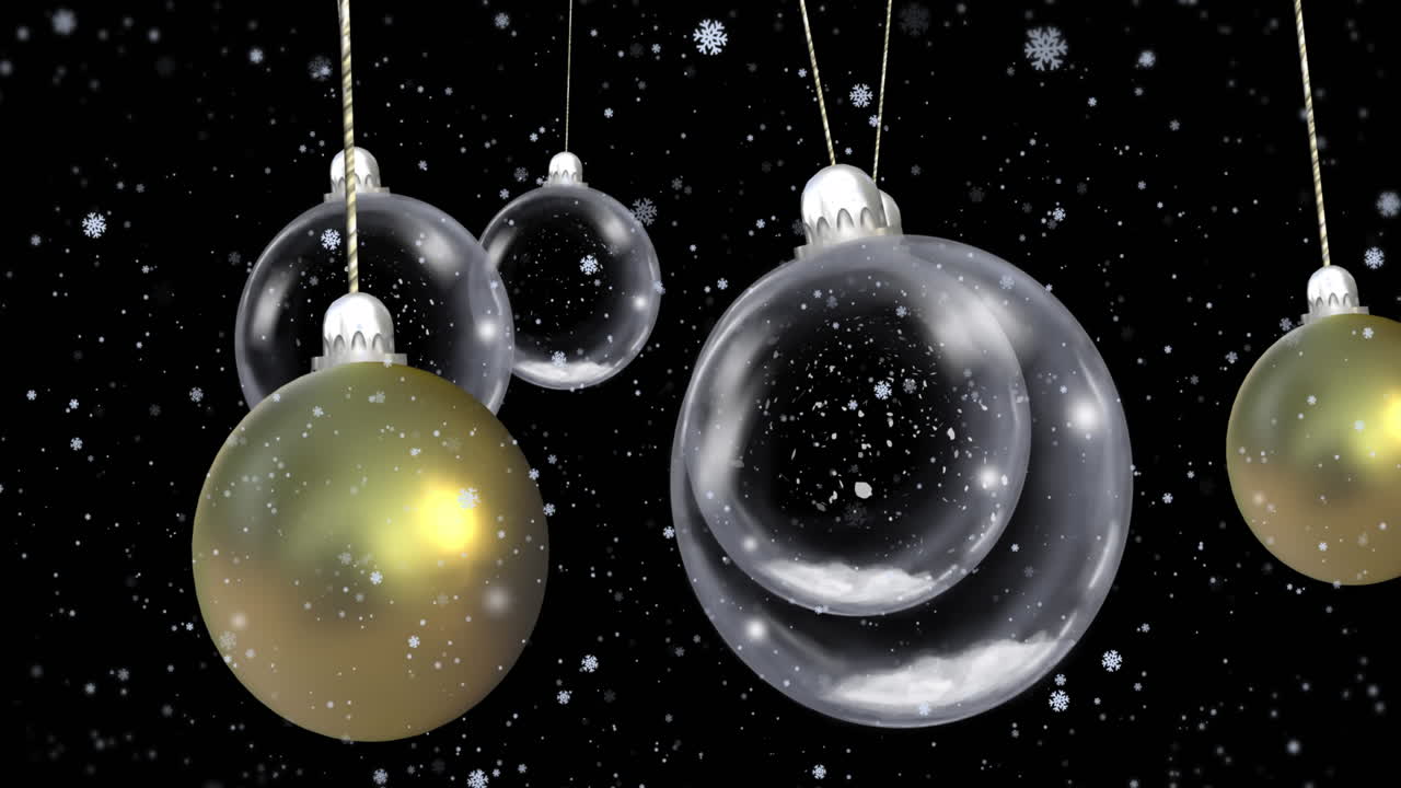 Animazione di palline di Natale ciondolanti con nevicata su sfondo nero.